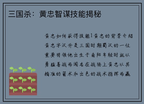 三国杀：黄忠智谋技能揭秘